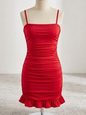 Sleek Red Ruched Mini Dress with Ruffle Hem